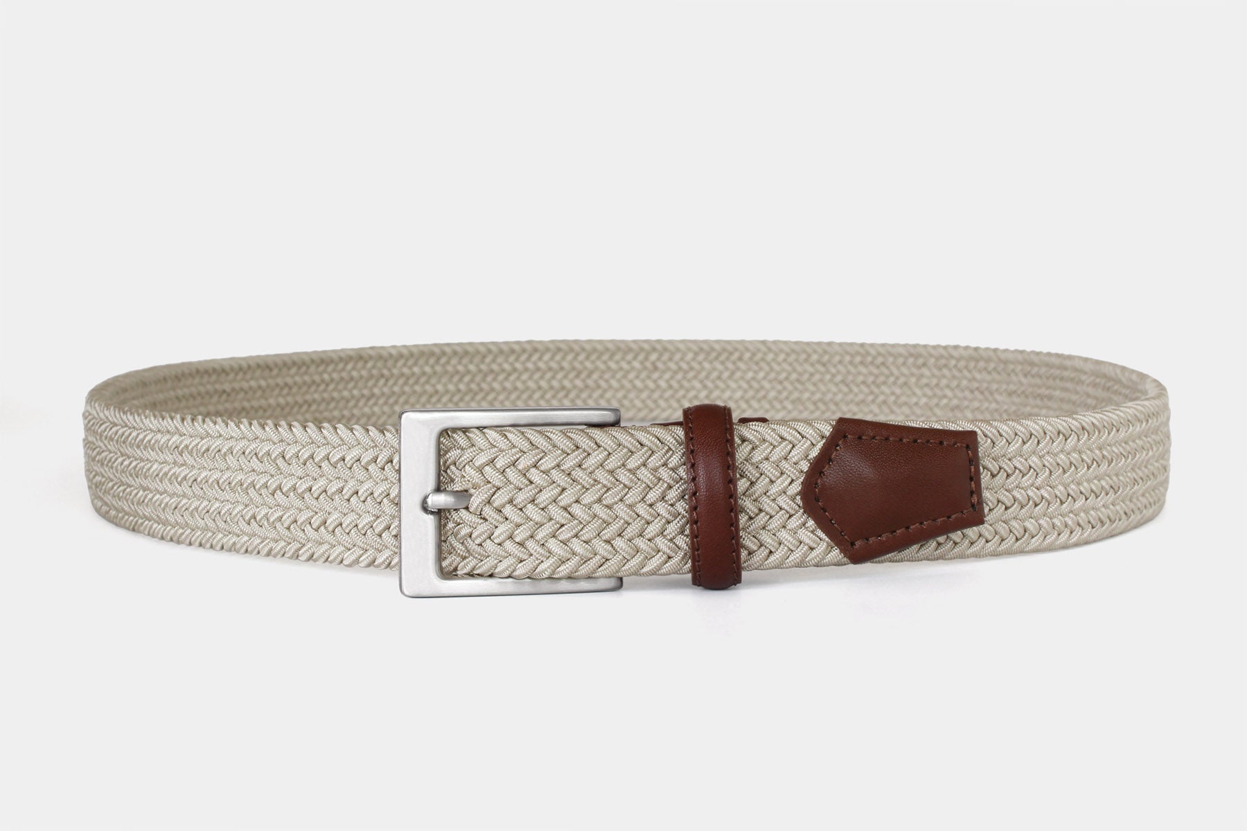 Men’s beige slim elastic woven belt with silver solid brass buckle. Handmade in Italy.