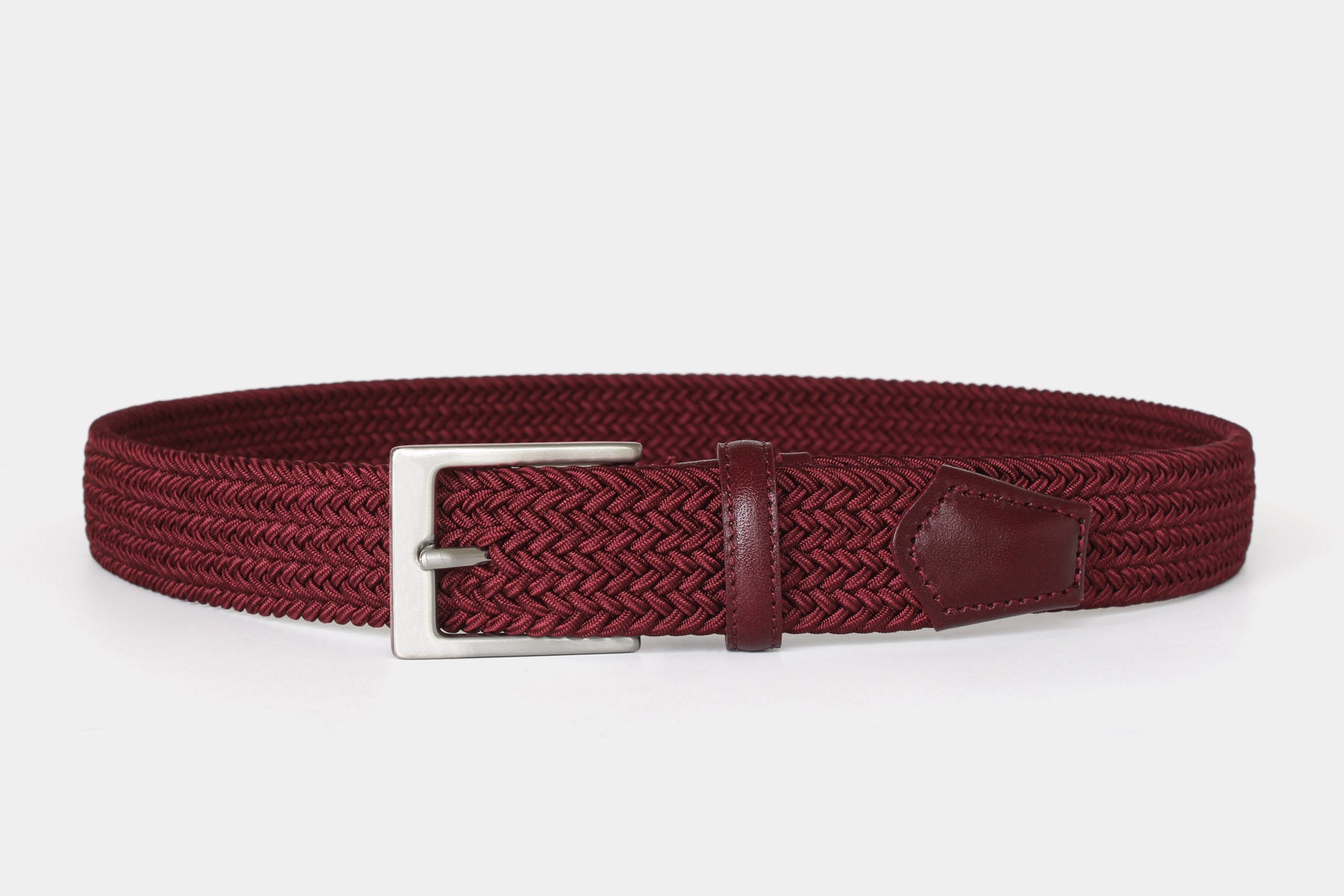 Men’s bordeaux slim elastic woven belt with silver solid brass buckle. Handmade in Italy.