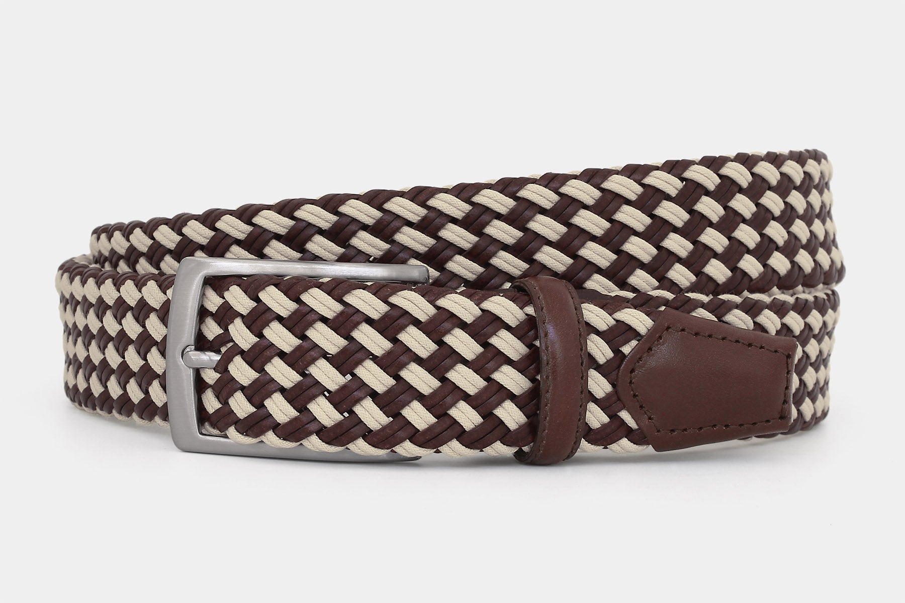 Men’s brown and beige braided leather belt with silver buckle. Handwoven in Italy from genuine Italian leather.