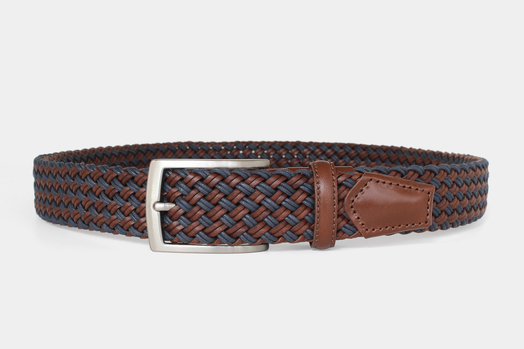 Men’s brown and blue braided belt. Handwoven Italian genuine leather with silver buckle. Handmade in Italy.