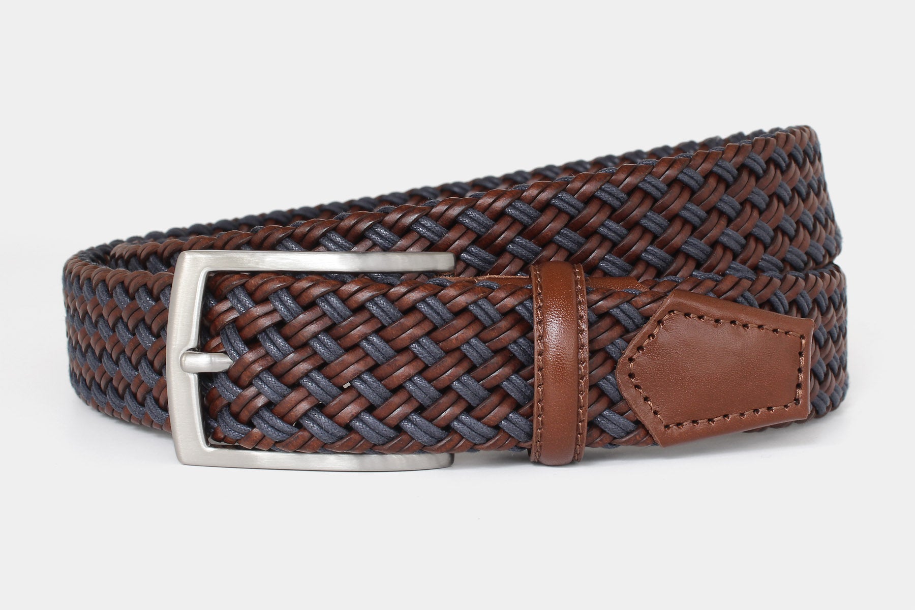 Men’s brown and blue braided leather belt with silver buckle. Handwoven in Italy from genuine Italian leather.
