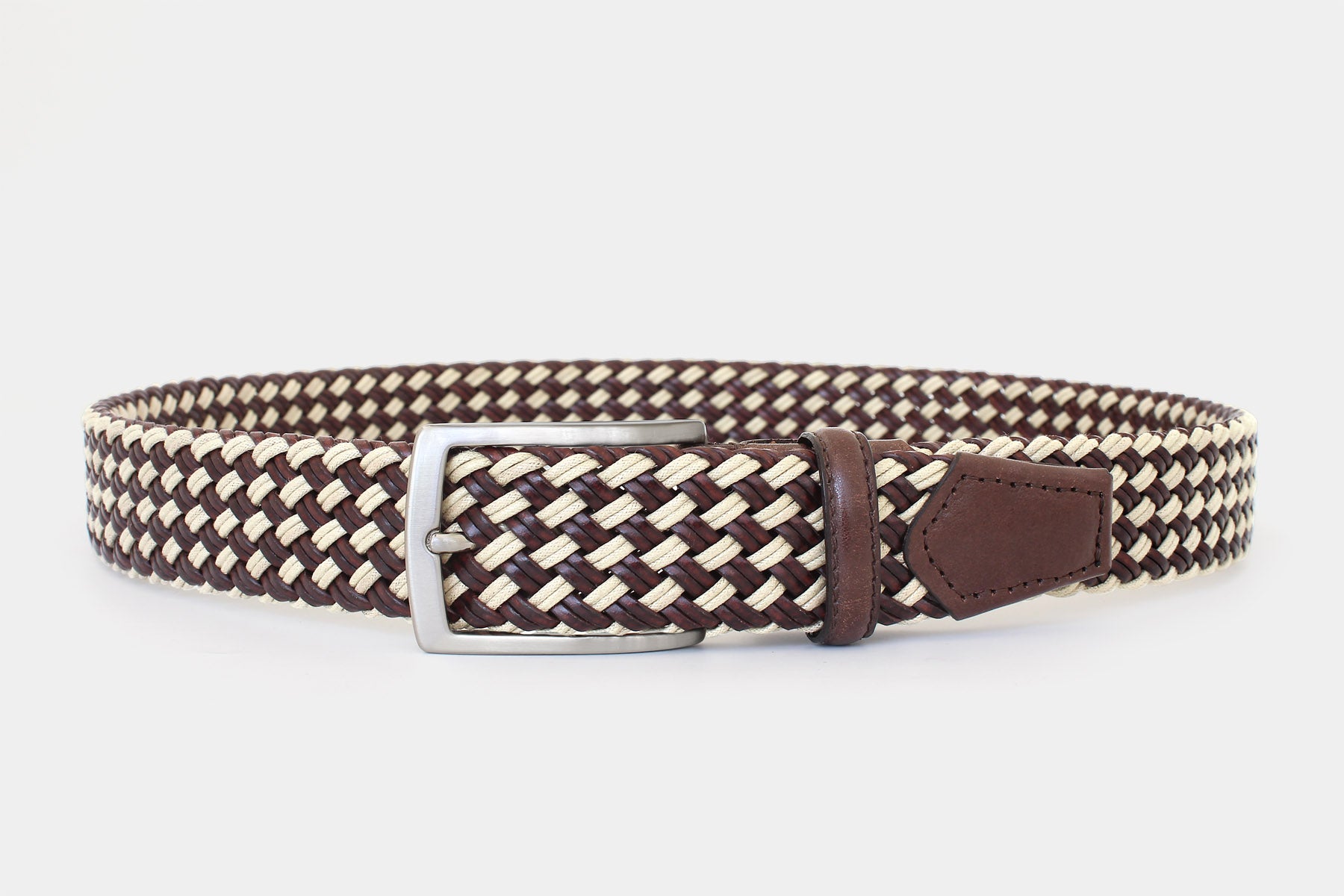 Men’s brown and ivory braided belt. Handwoven Italian genuine leather with silver buckle. Handmade in Italy.