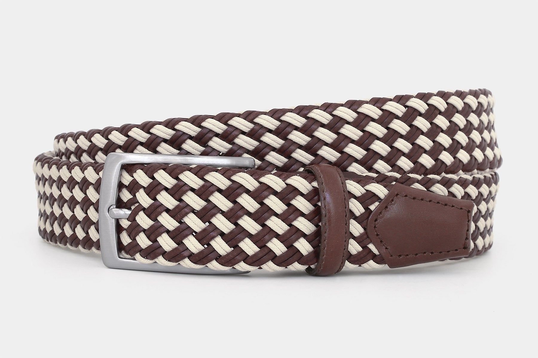 Men’s brown and ivory braided leather belt with silver buckle. Handwoven in Italy from genuine Italian leather.