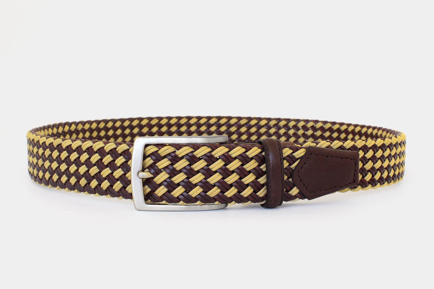Men’s brown and yellow braided belt. Handwoven Italian genuine leather with silver buckle. Handmade in Italy.