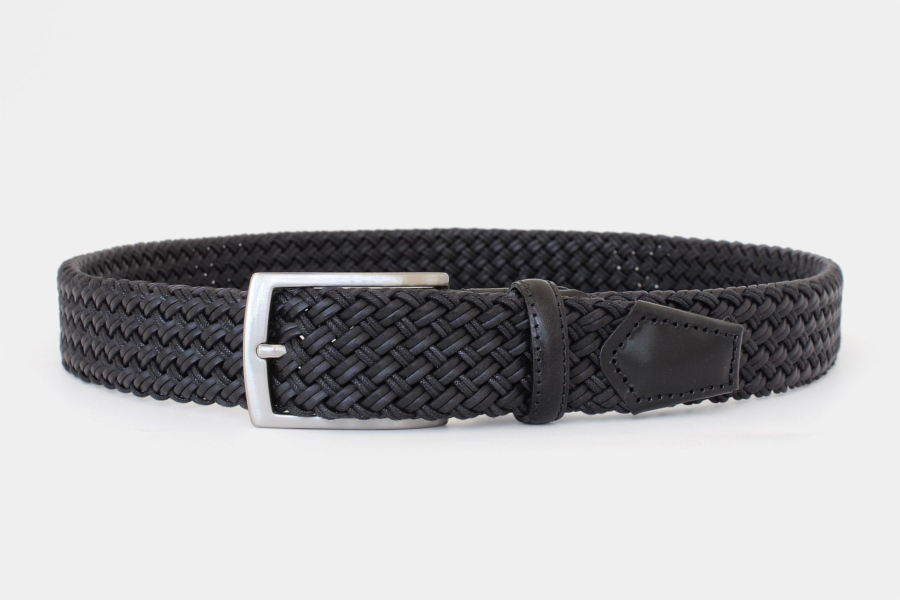 Men’s black braided belt. Handwoven Italian genuine leather with silver buckle. Handmade in Italy.