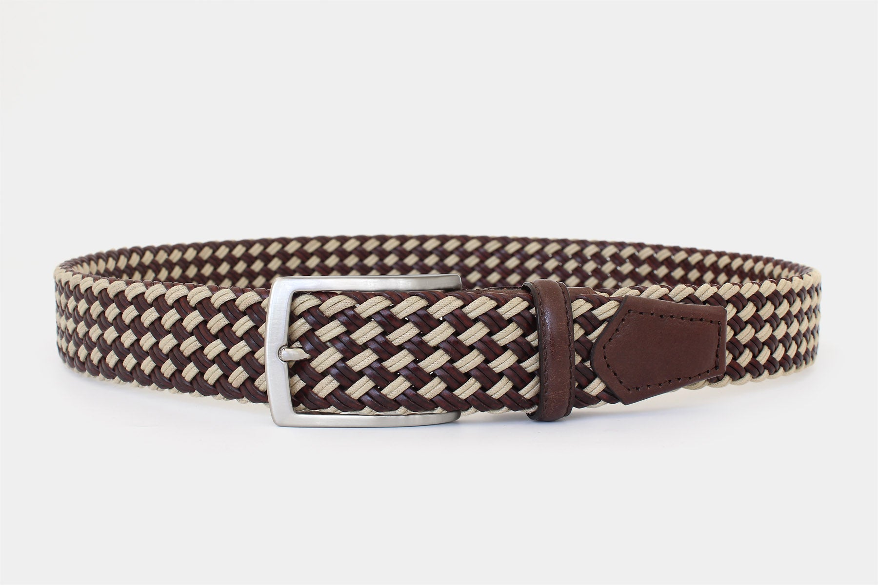 Men’s brown and beige braided belt. Handwoven Italian genuine leather with silver buckle. Handmade in Italy.
