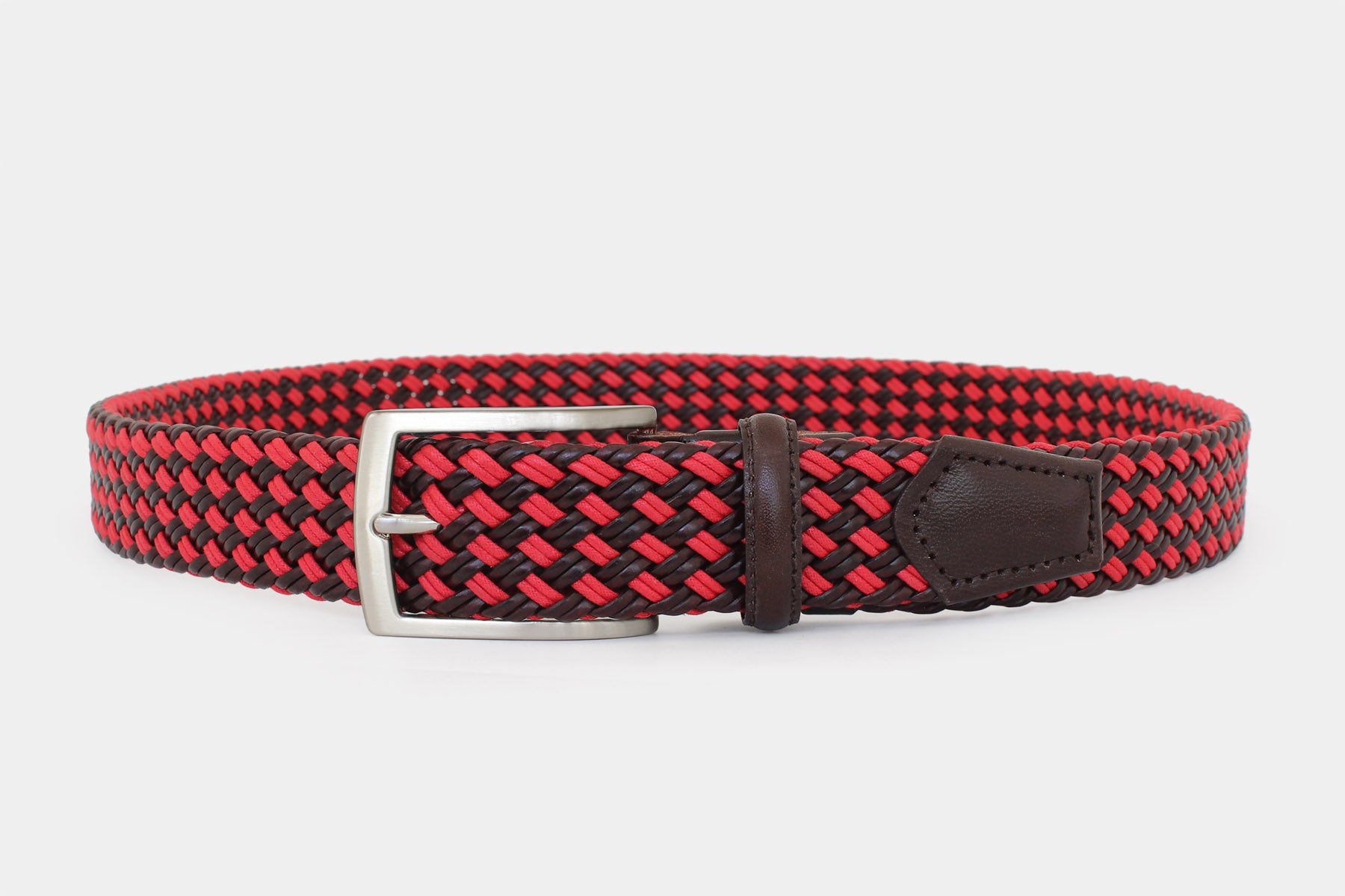 Men’s brown and red braided belt. Handwoven Italian genuine leather with silver buckle. Handmade in Italy.