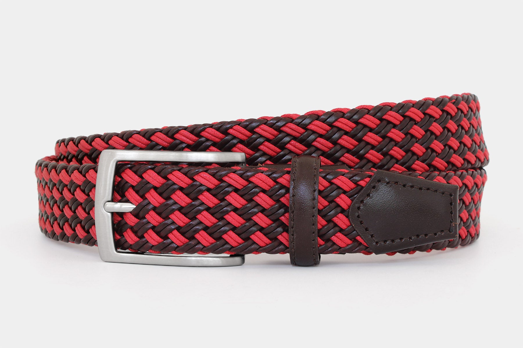 Men’s brown and red braided leather belt with silver buckle. Handwoven in Italy from genuine Italian leather.