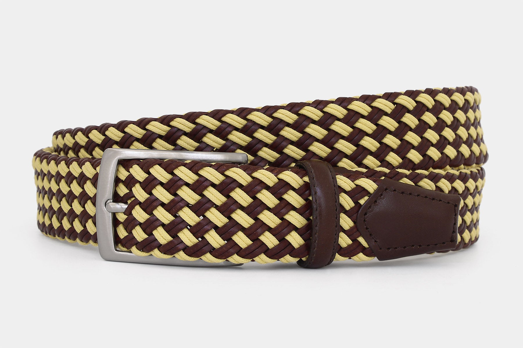 Men’s brown and yellow braided leather belt with silver buckle. Handwoven in Italy from genuine Italian leather.