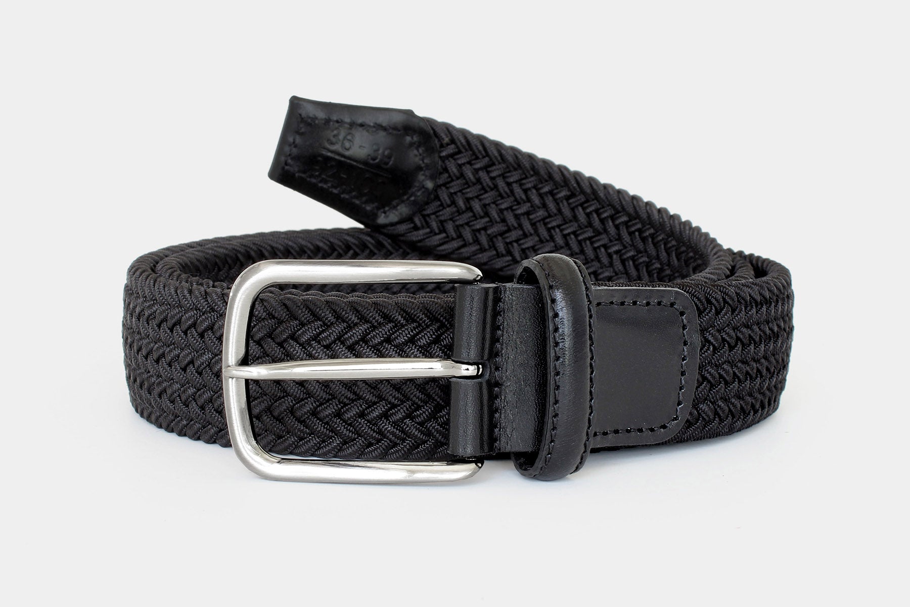 Men’s black elastic woven belt with silver buckle and Italian leather detail. Made in Italy for all day comfort.