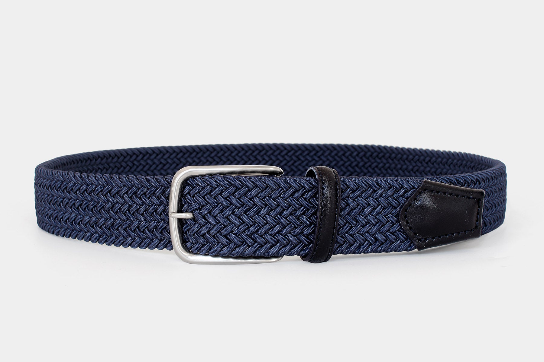 Men’s blue elastic woven belt with silver buckle. Handmade in Italy. Flexible for all day comfort.
