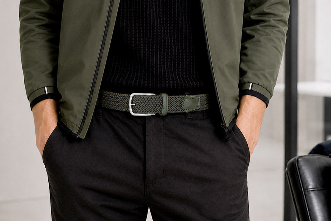 Men's forest green woven elastic belt styled with hunter green jacket and black trousers