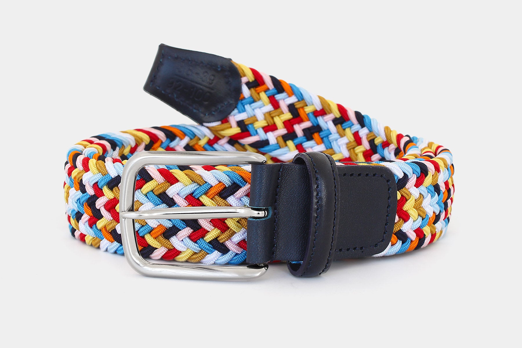 Men’s multicoloured elastic woven belt with silver buckle and Italian leather detail. Handmade in Italy.