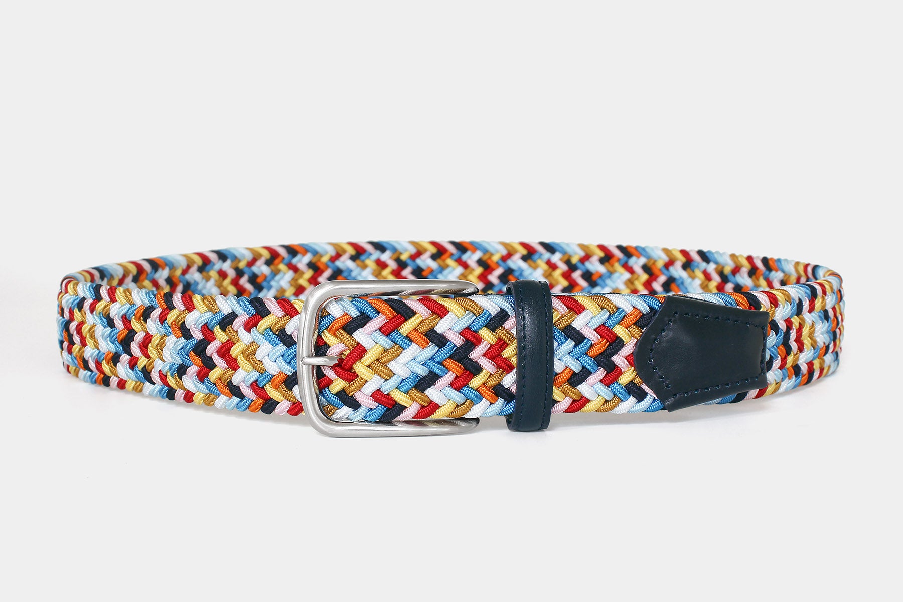 Men’s multicolour elastic woven belt with silver buckle. Handmade in Italy. Flexible for all day comfort.