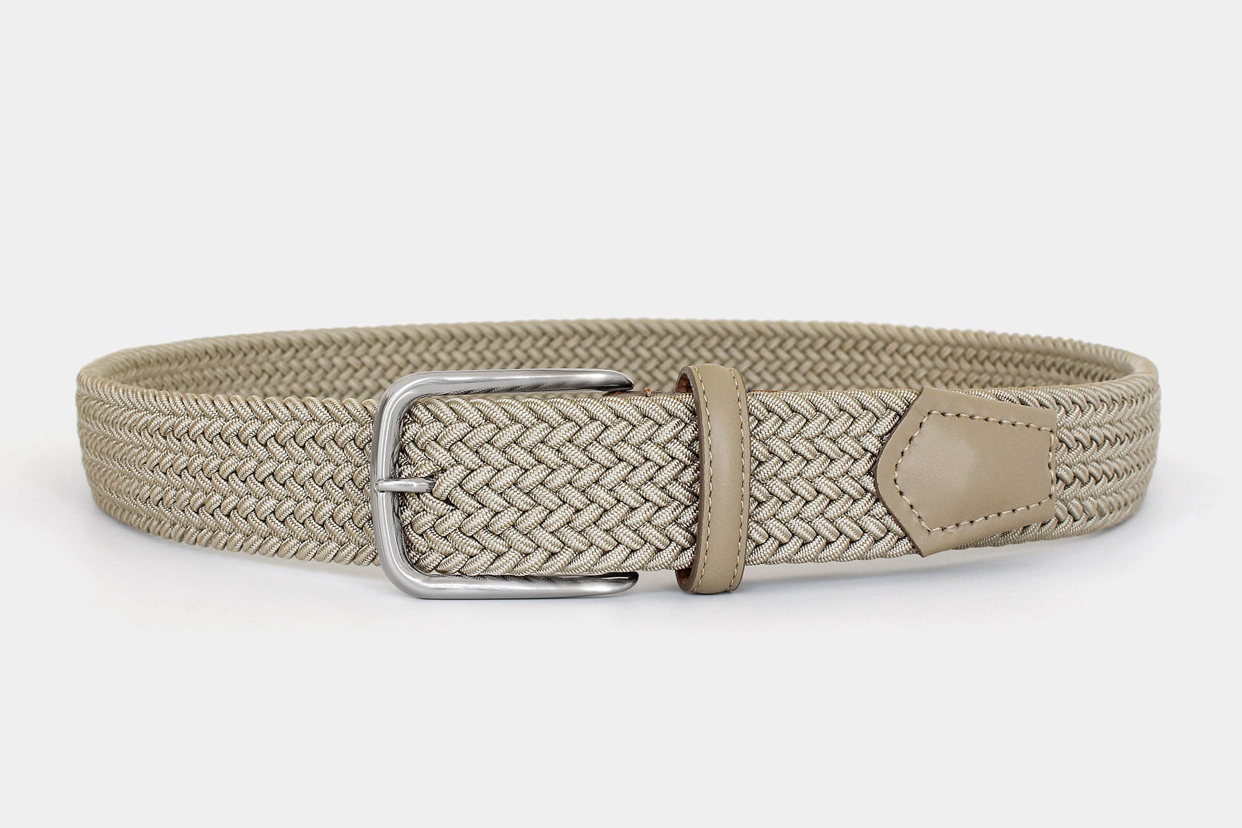 Men’s stone elastic woven belt with silver buckle. Handmade in Italy. Flexible for all day comfort.