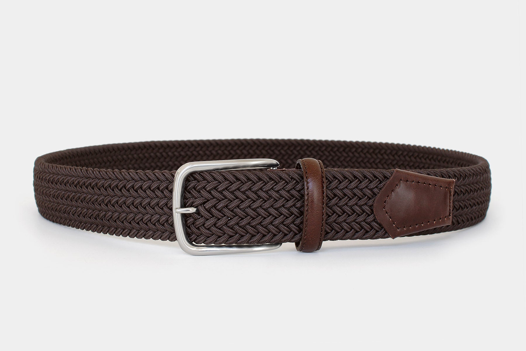 Men’s brown elastic woven belt with silver buckle. Handmade in Italy. Flexible for all day comfort.