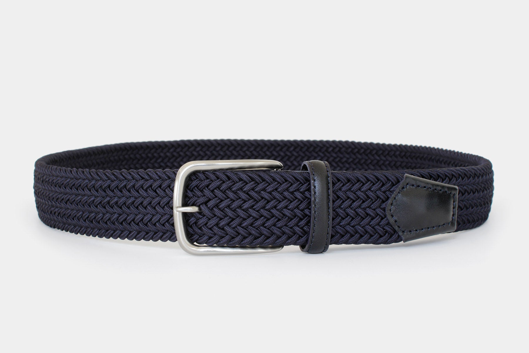 Men’s navy elastic woven belt with silver buckle. Handmade in Italy. Flexible for all day comfort.