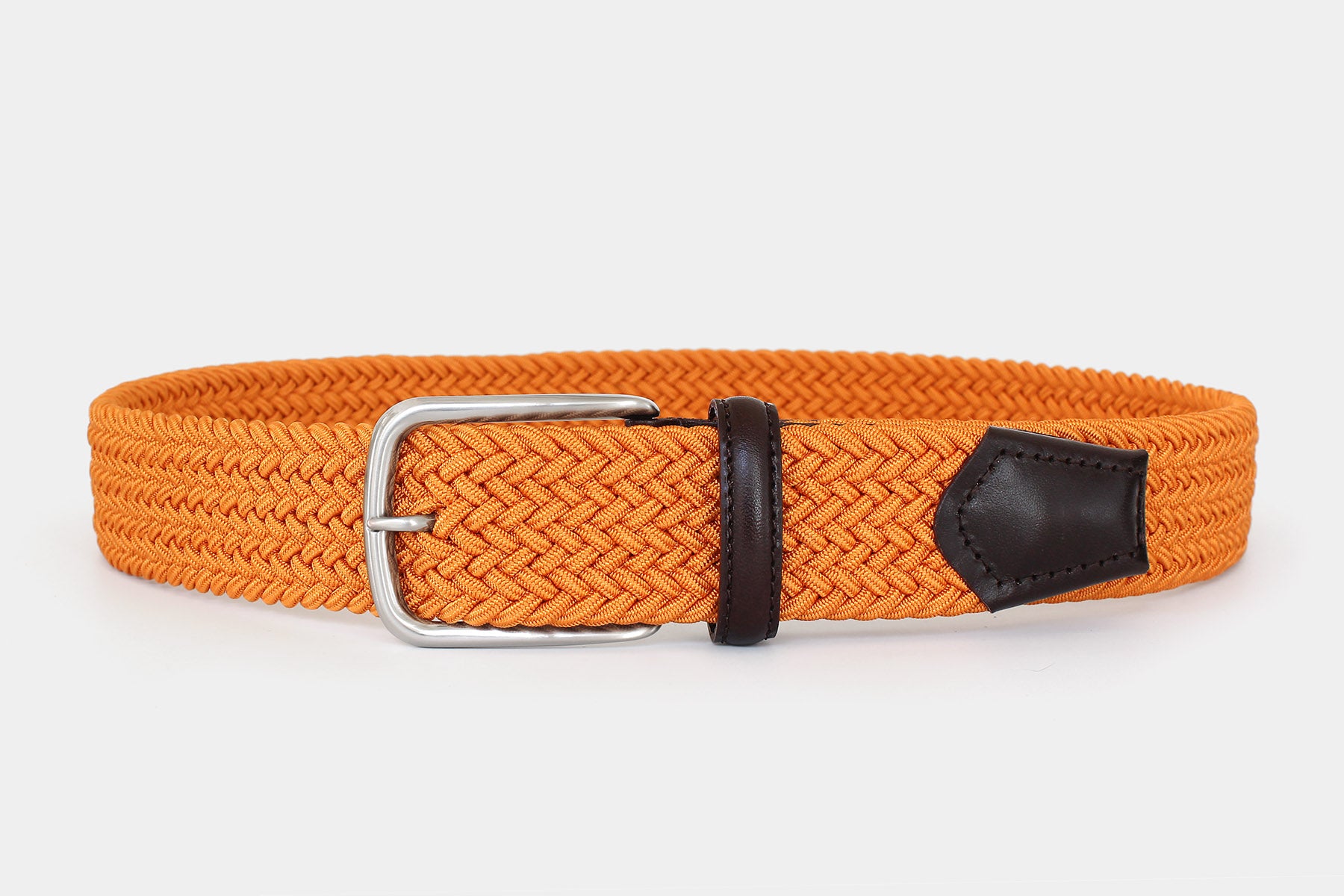 Men’s orange elastic woven belt with silver buckle. Handmade in Italy. Flexible for all day comfort.