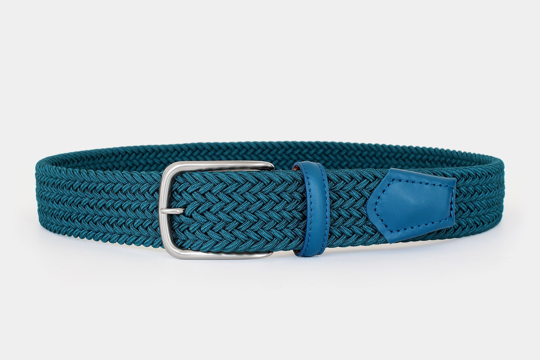 Men’s petrol elastic woven belt with silver buckle. Handmade in Italy. Flexible for all day comfort.