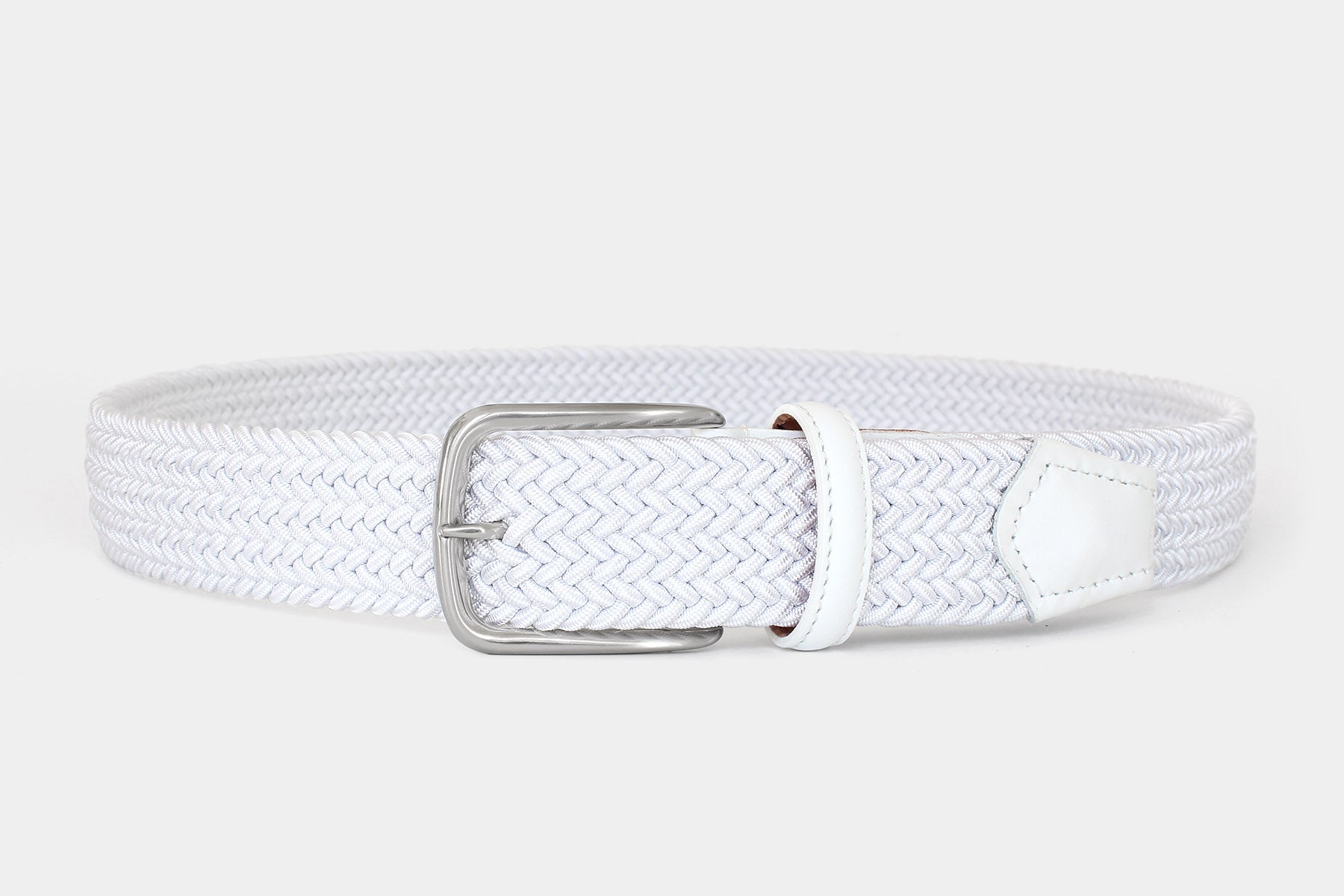 Men’s white elastic woven belt with silver buckle. Handmade in Italy. Flexible for all day comfort.