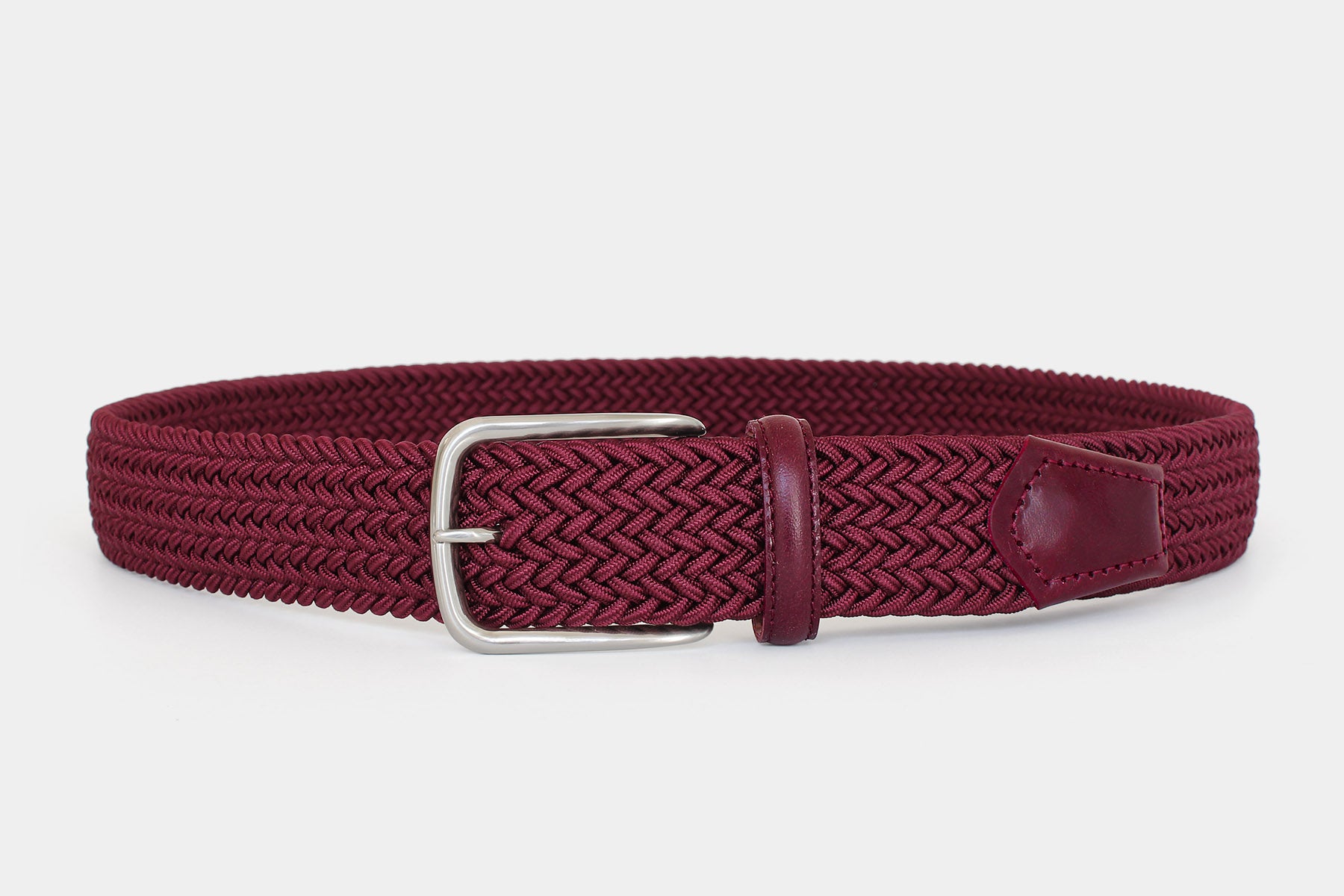 Men’s bordeaux elastic woven belt with silver buckle. Handmade in Italy. Flexible for all day comfort.