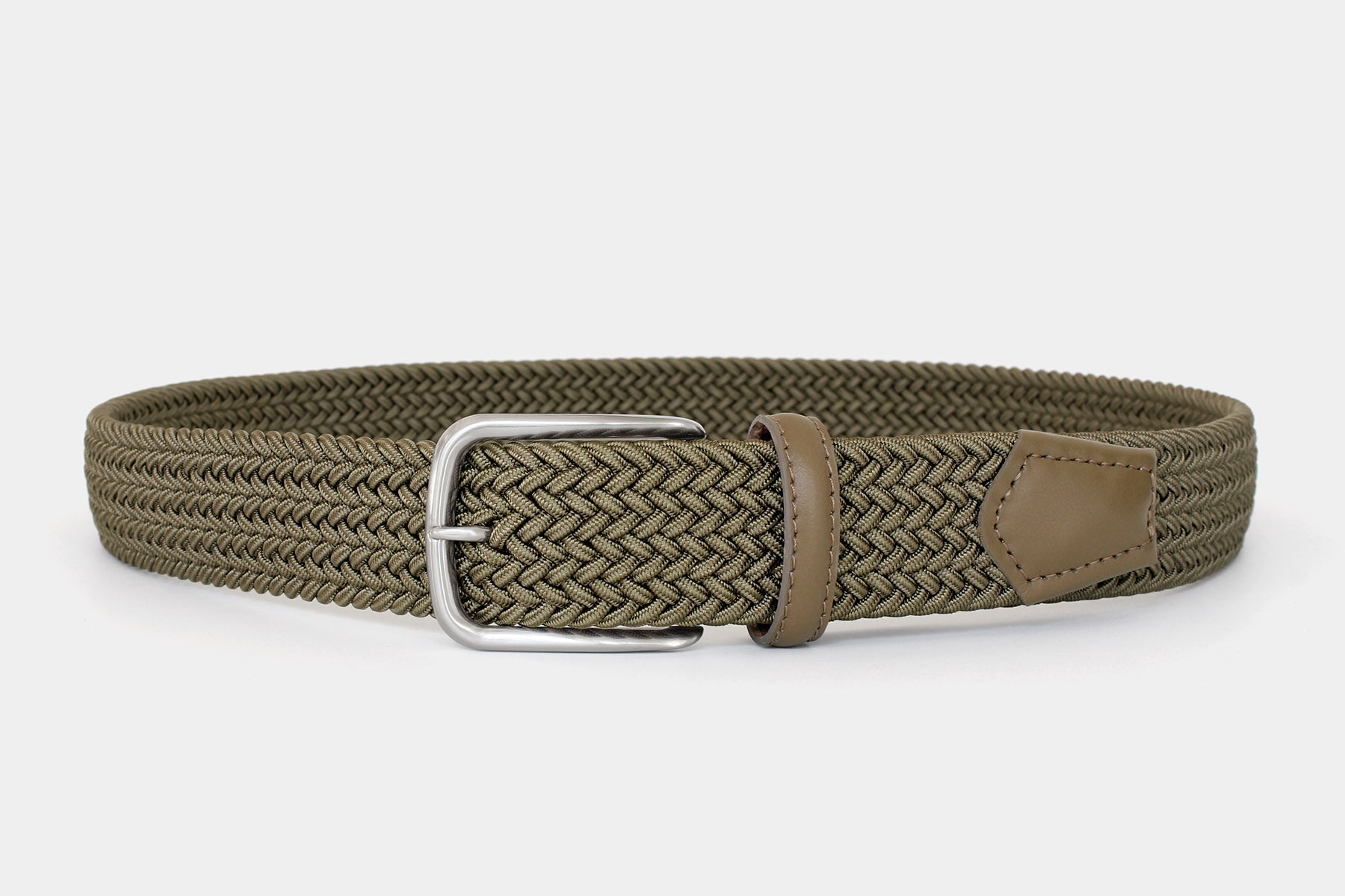Men’s moss elastic woven belt with silver buckle. Handmade in Italy. Flexible for all day comfort.