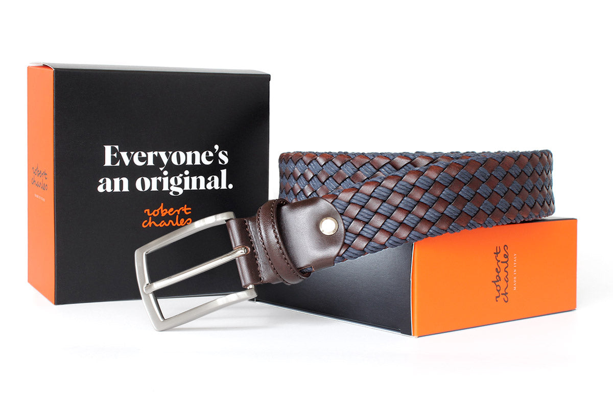 Men's Italian braided leather belt with solid brass buckle, displayed with Robert Charles gift box