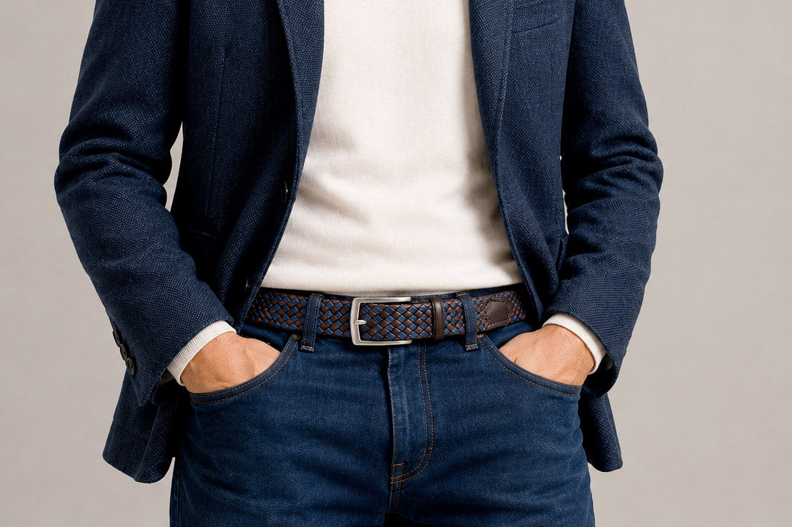 Men's navy and brown woven leather belt with silver buckle with dark denim jeans