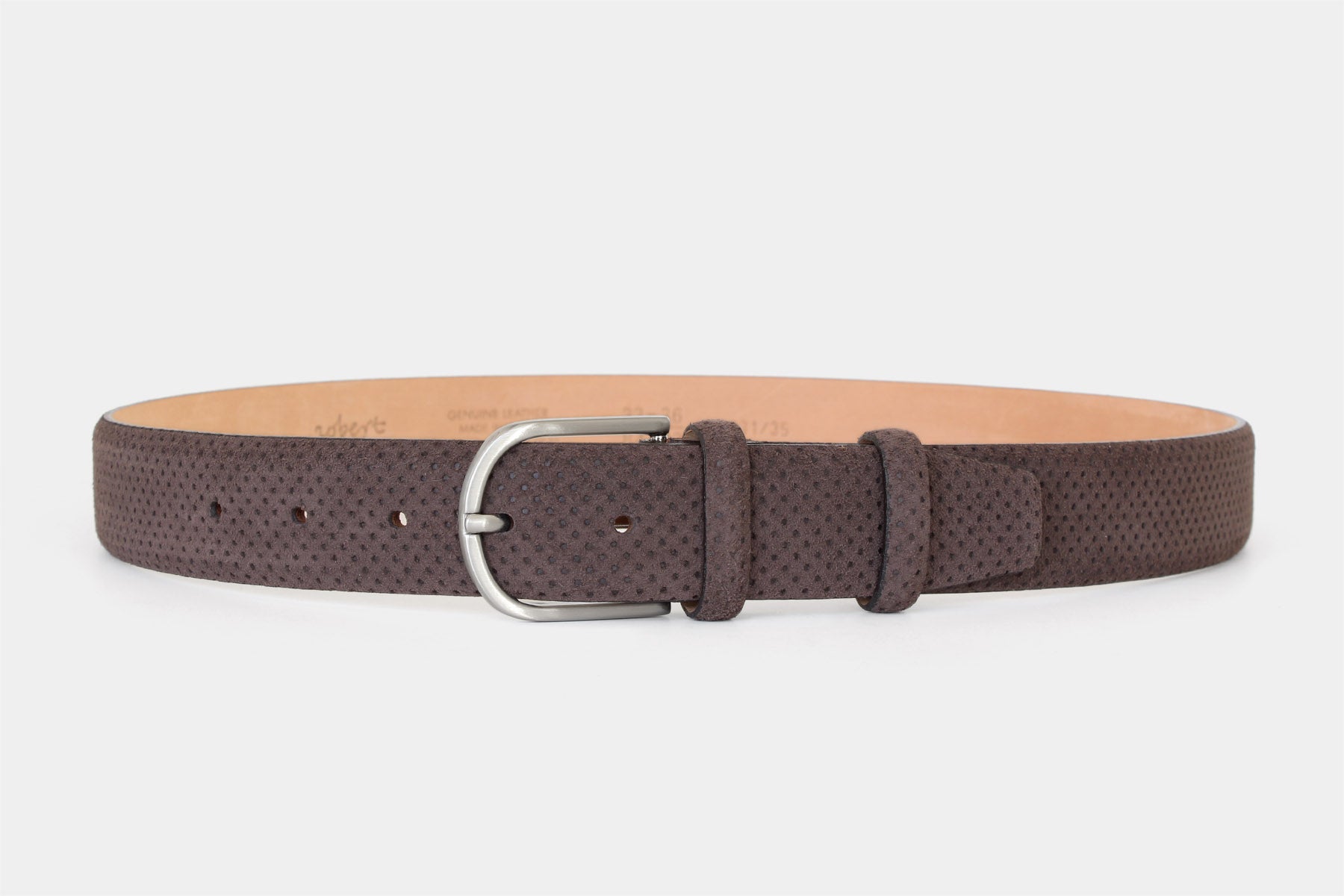 Men’s brown perforated suede Italian leather belt with a refined rounded buckle. Handmade in Italy.