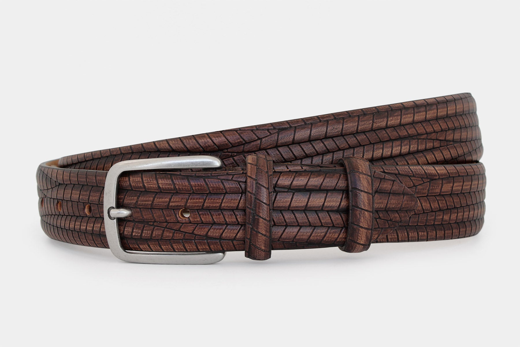 Men's brown embossed genuine leather belt handmade in Italy with silver buckle, angled product view