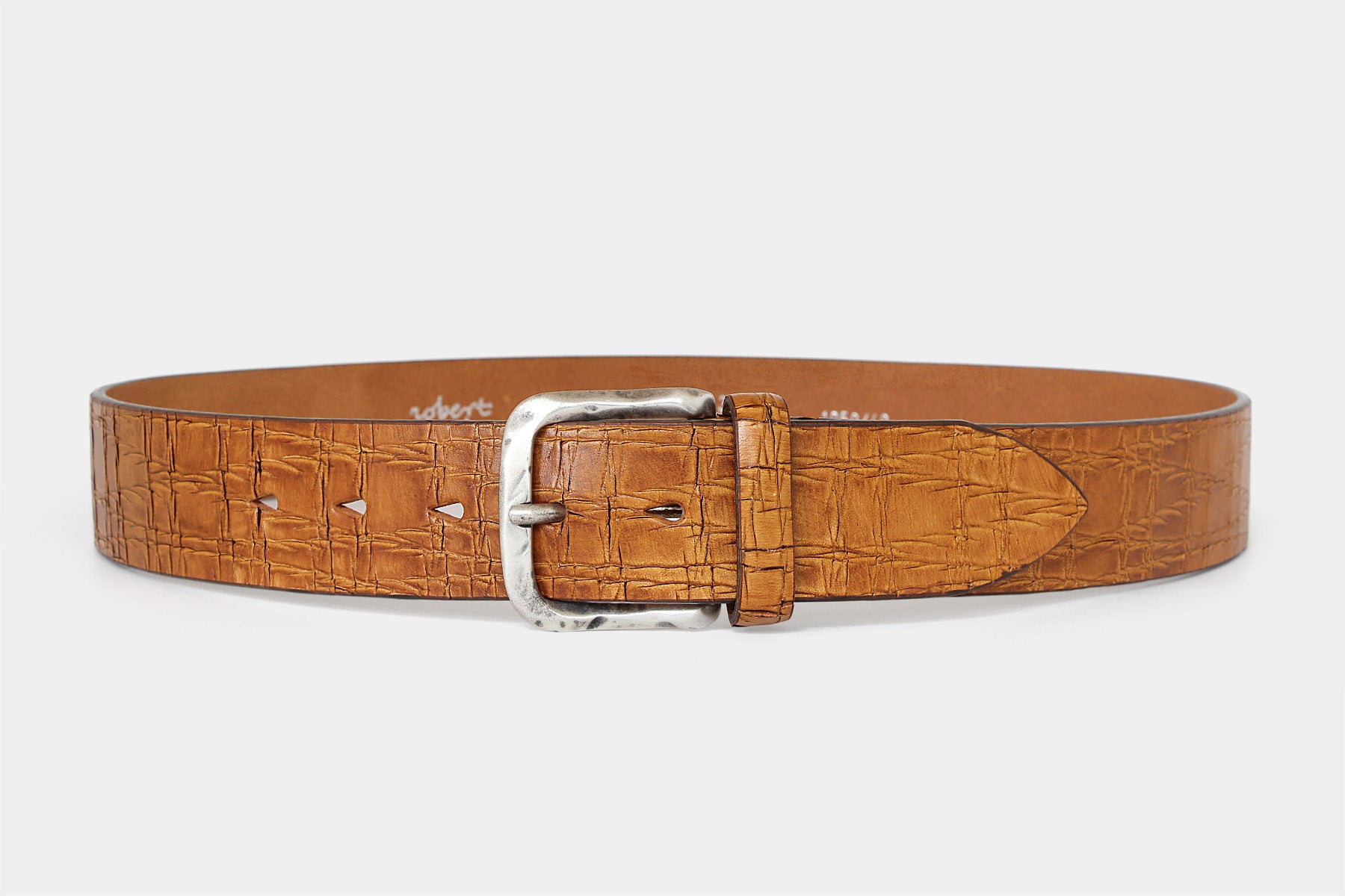 Men’s tan Italian solid hide leather jeans belt with weathered buckle and scored finish. Handmade in Italy.