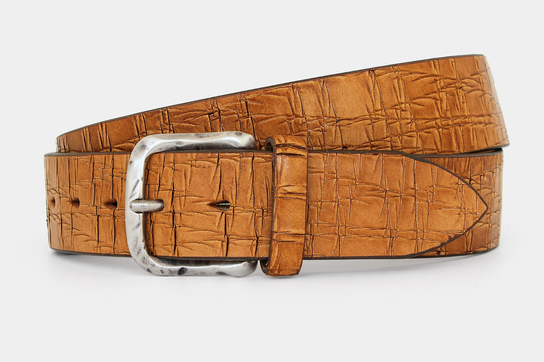 Men’s tan Italian solid hide leather jeans belt with silver buckle and authentic scored finish.