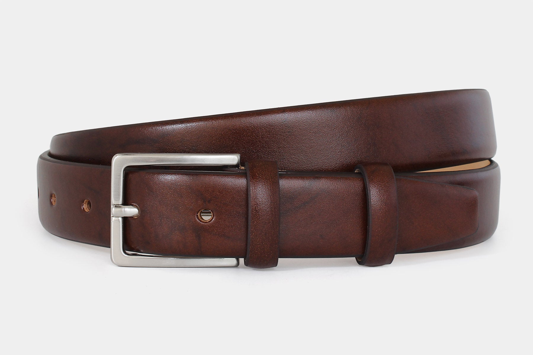 Men’s brown genuine Italian leather belt handmade in Italy with silver buckle. Slim 30mm wide. Hand-buffed.