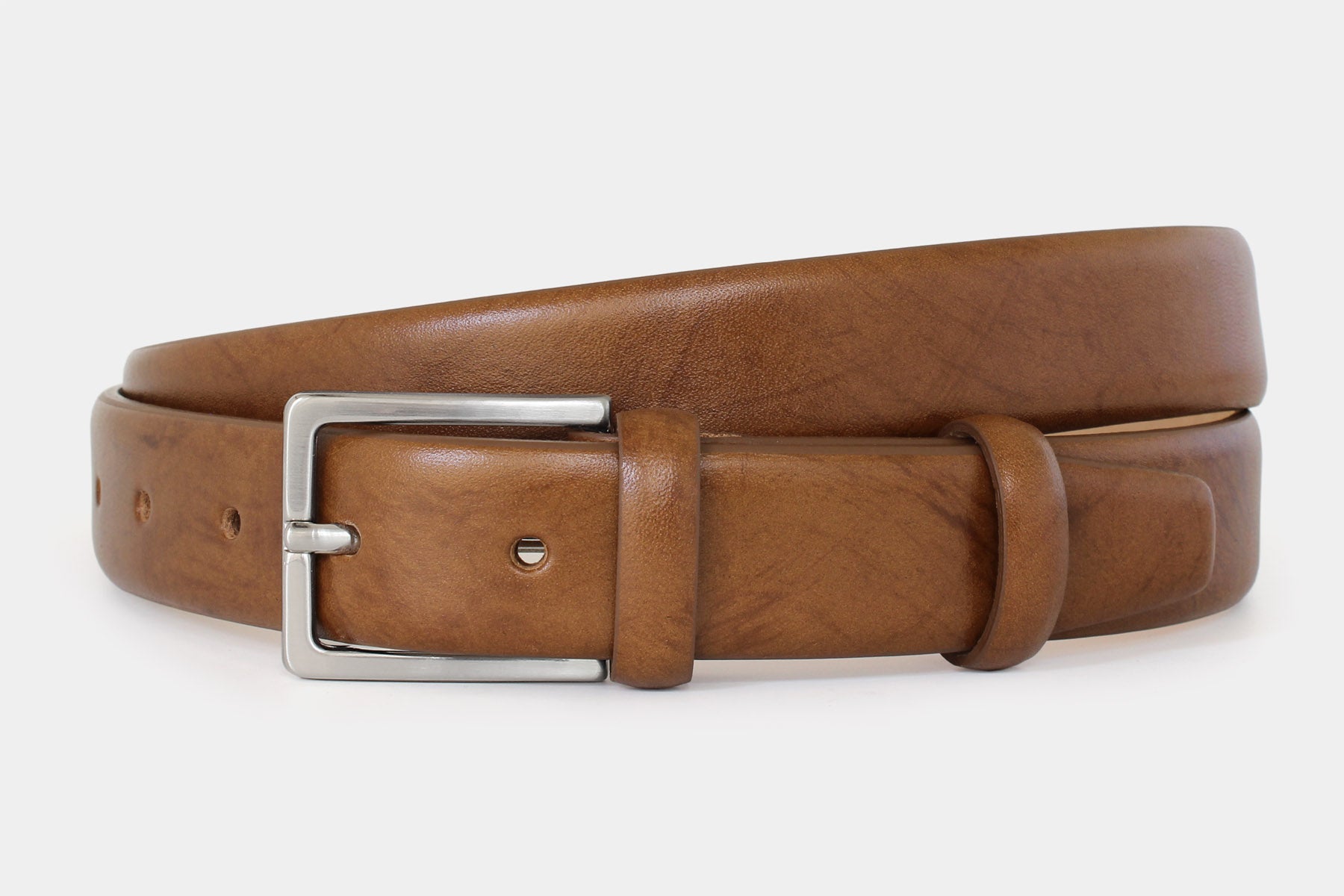 Men’s tan genuine Italian leather belt handmade in Italy with silver buckle. Slim 30mm wide. Hand-buffed.