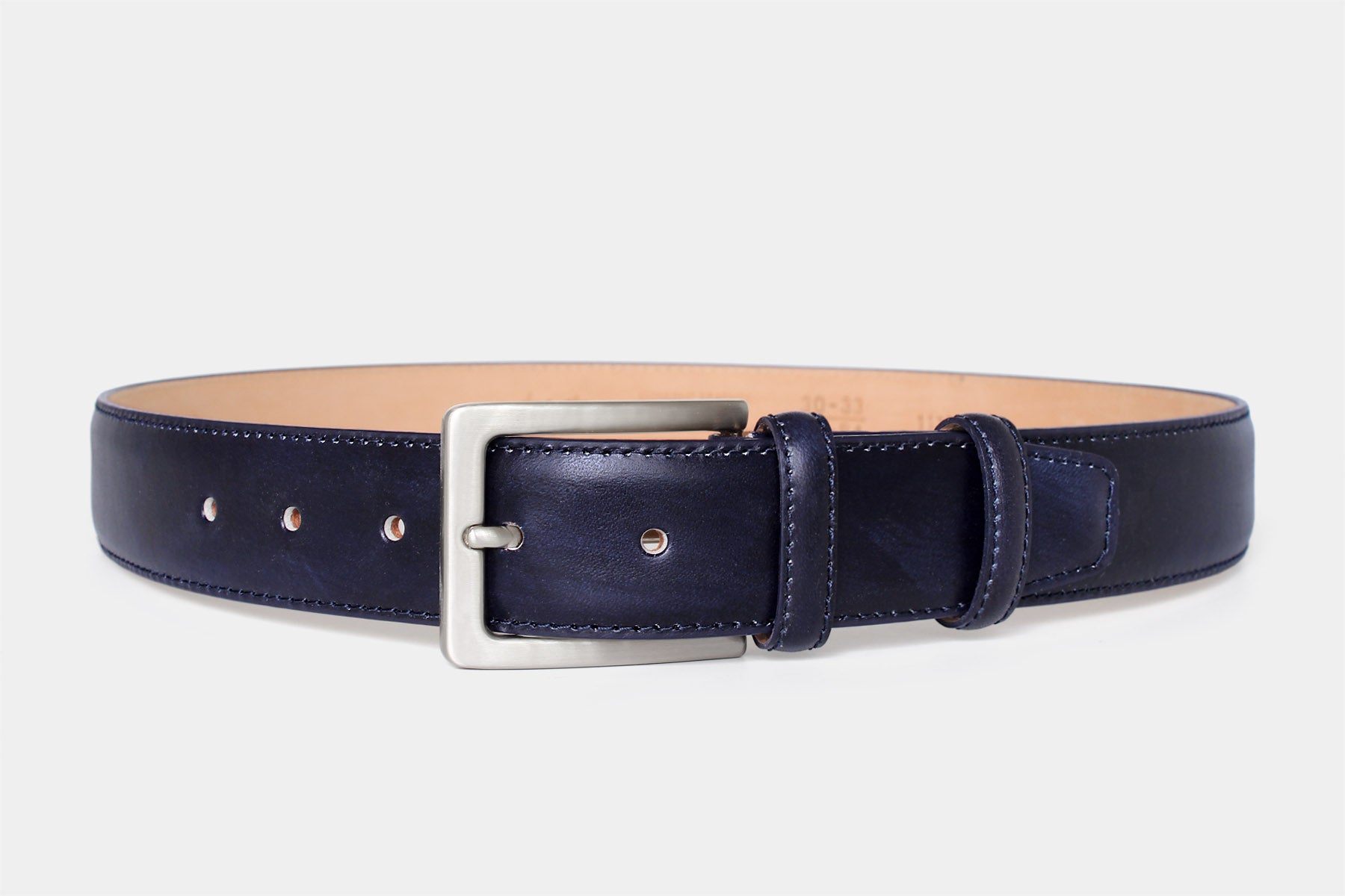 Men’s navy genuine Italian leather belt handmade in Italy with silver buckle and stitched edge.