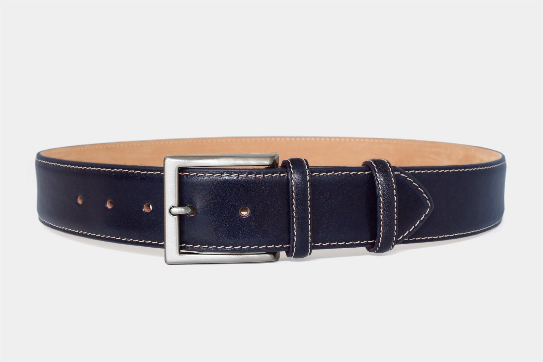 Men’s navy genuine Italian leather belt handmade in Italy with silver buckle and contrast stitching. 40mm wide.