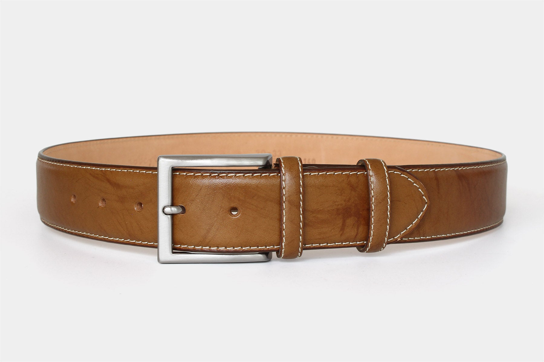 Men’s tan genuine Italian leather belt handmade in Italy with silver buckle and contrast stitching. 40mm wide.
