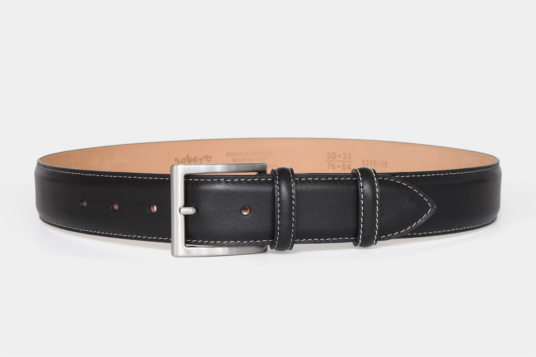 Men’s black vegetable-tanned grained Italian leather belt with silver buckle and contrast stitching. Made in Italy.