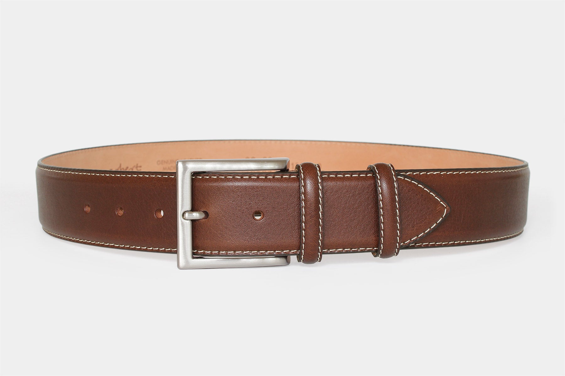 Men’s brown vegetable-tanned grained Italian leather belt with silver buckle. Made in Italy. 40 mm wide