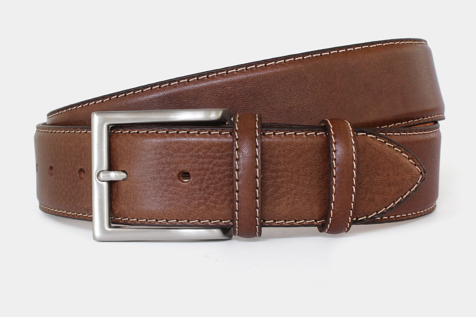 Men’s brown grained Italian leather belt, handmade in Italy with silver buckle and contrast stitching. 40mm wide.