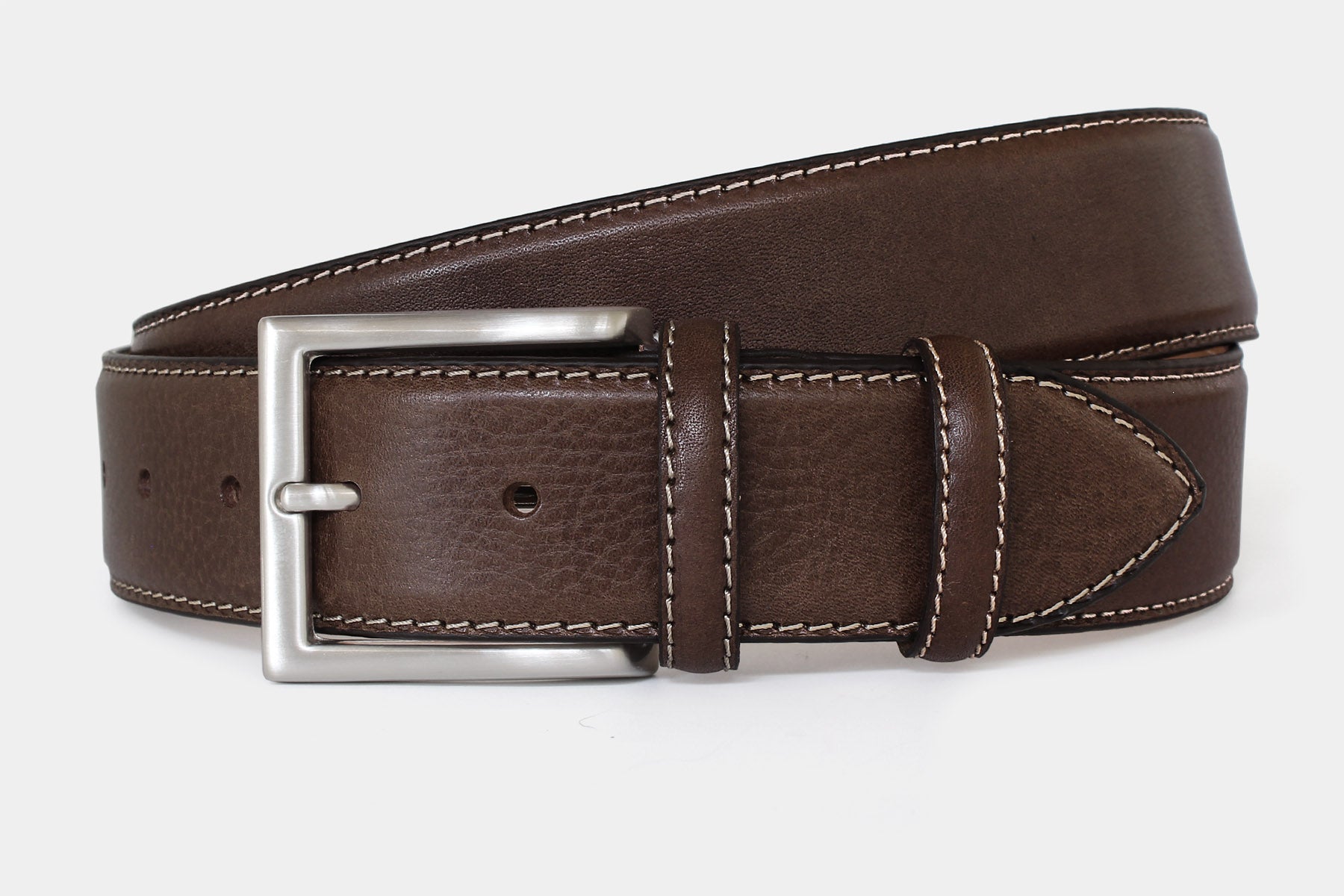 Men’s dark brown grained Italian leather belt, made in Italy with silver buckle and contrast stitching. 40mm wide.