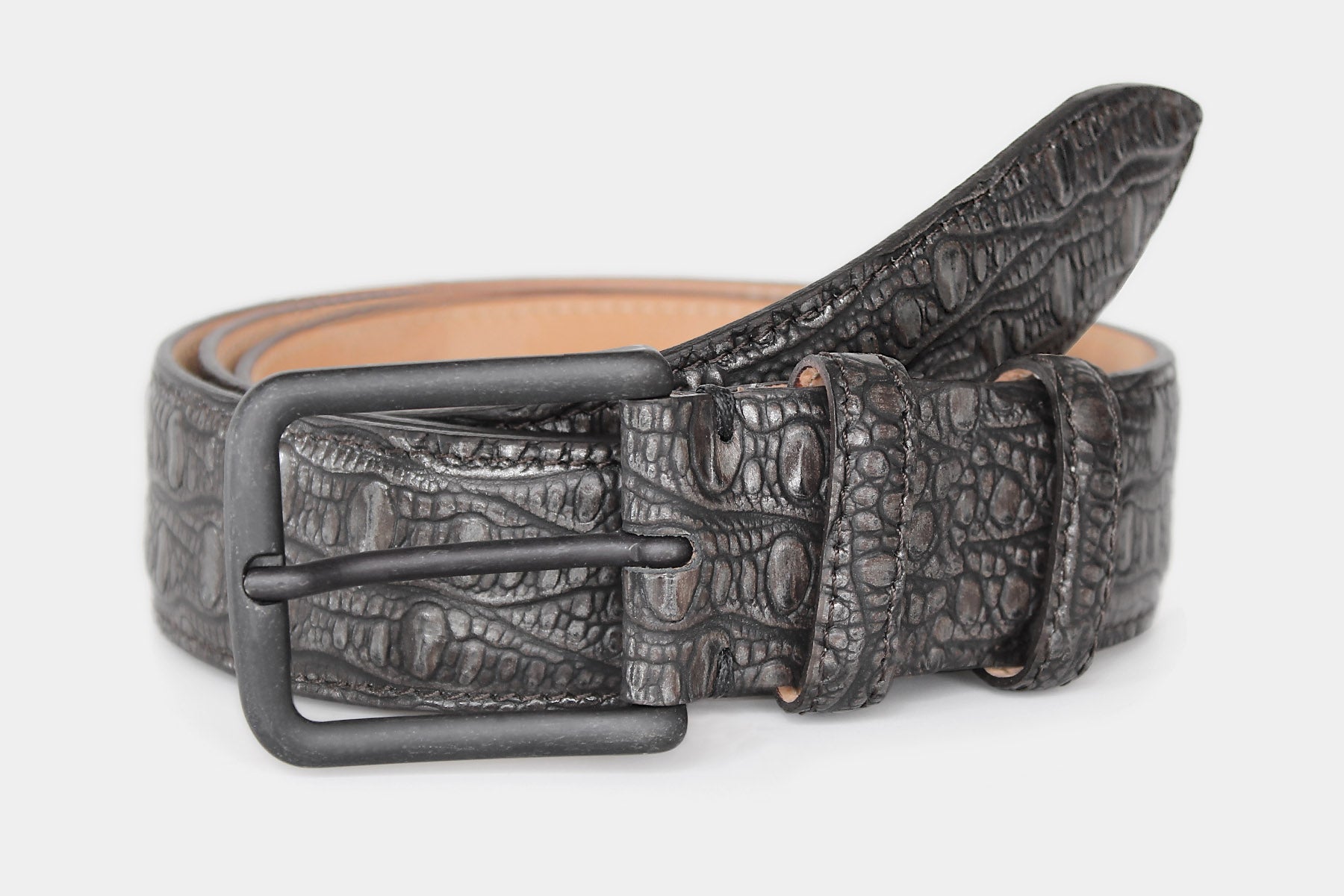 Men's grey Italian Leather belt featuring a refined lizard-style embossed texture and contemporary matt black buckle.
