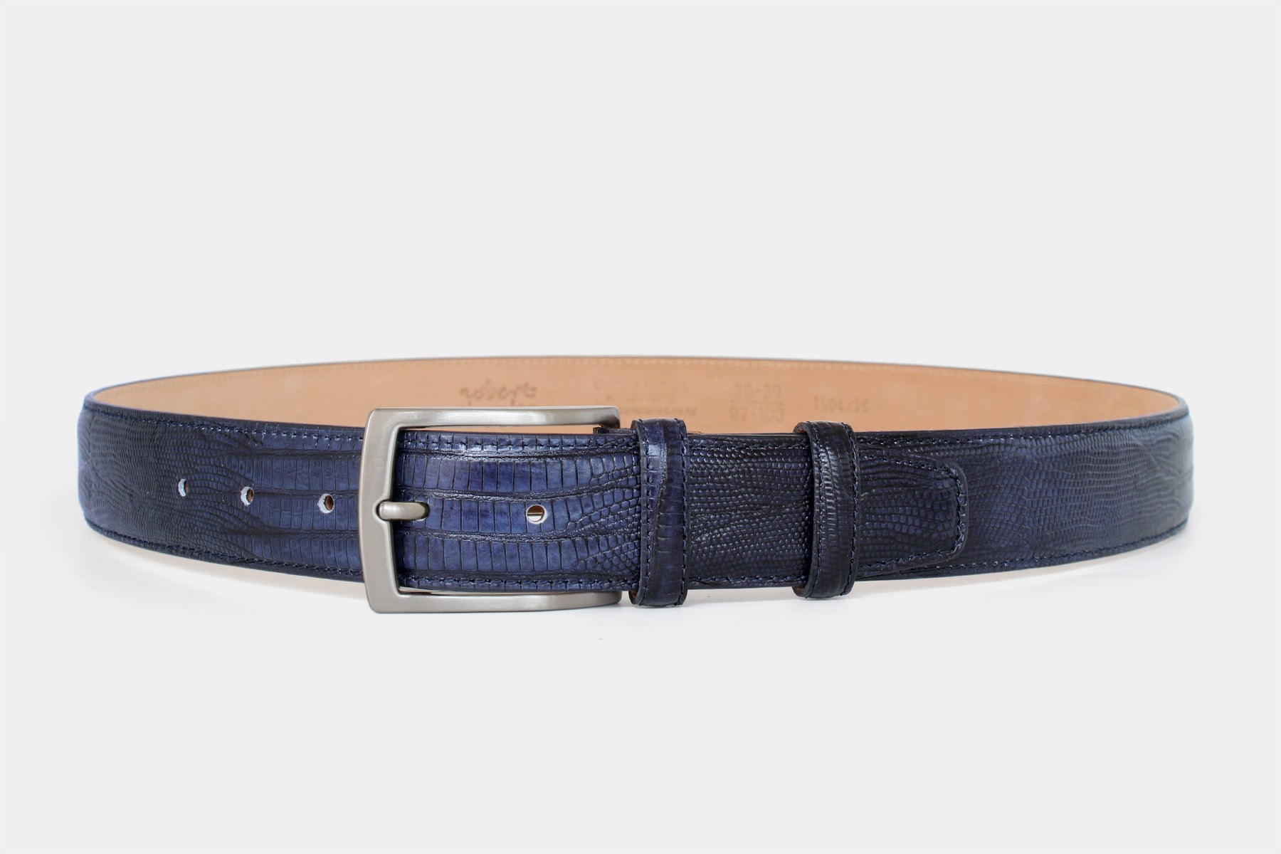 Men's blue snake skin genuine Italian leather belt with classic solid brass buckle. Handmade in Italy.