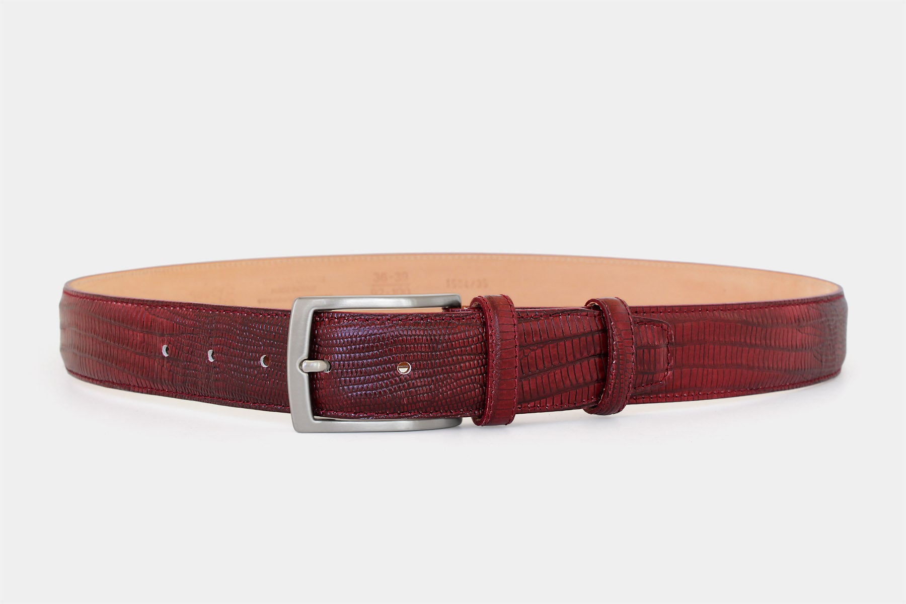 Men's bordeaux snake skin genuine leather belt handmade in Italy with silver buckle.