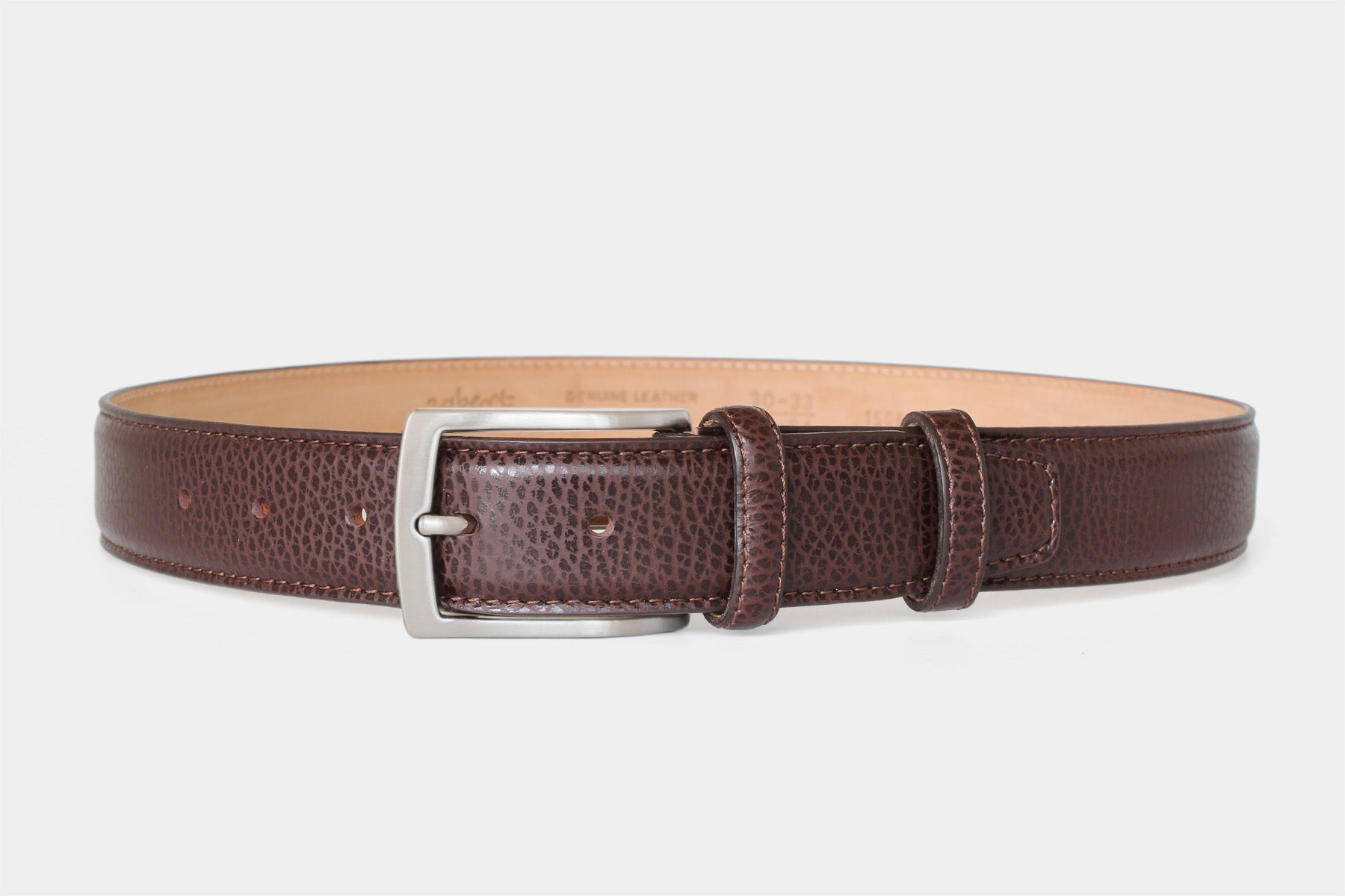 Men’s brown textured Italian leather belt with classic silver solid brass buckle. Handmade in Italy.