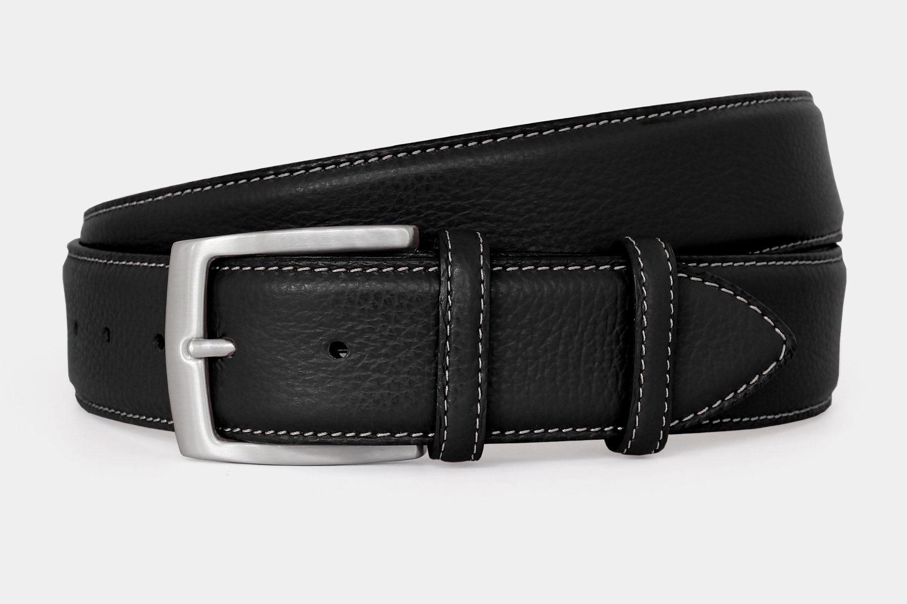 Men's black grained leather belt, 40mm wide, handmade in Italy with silver buckle, angled product view