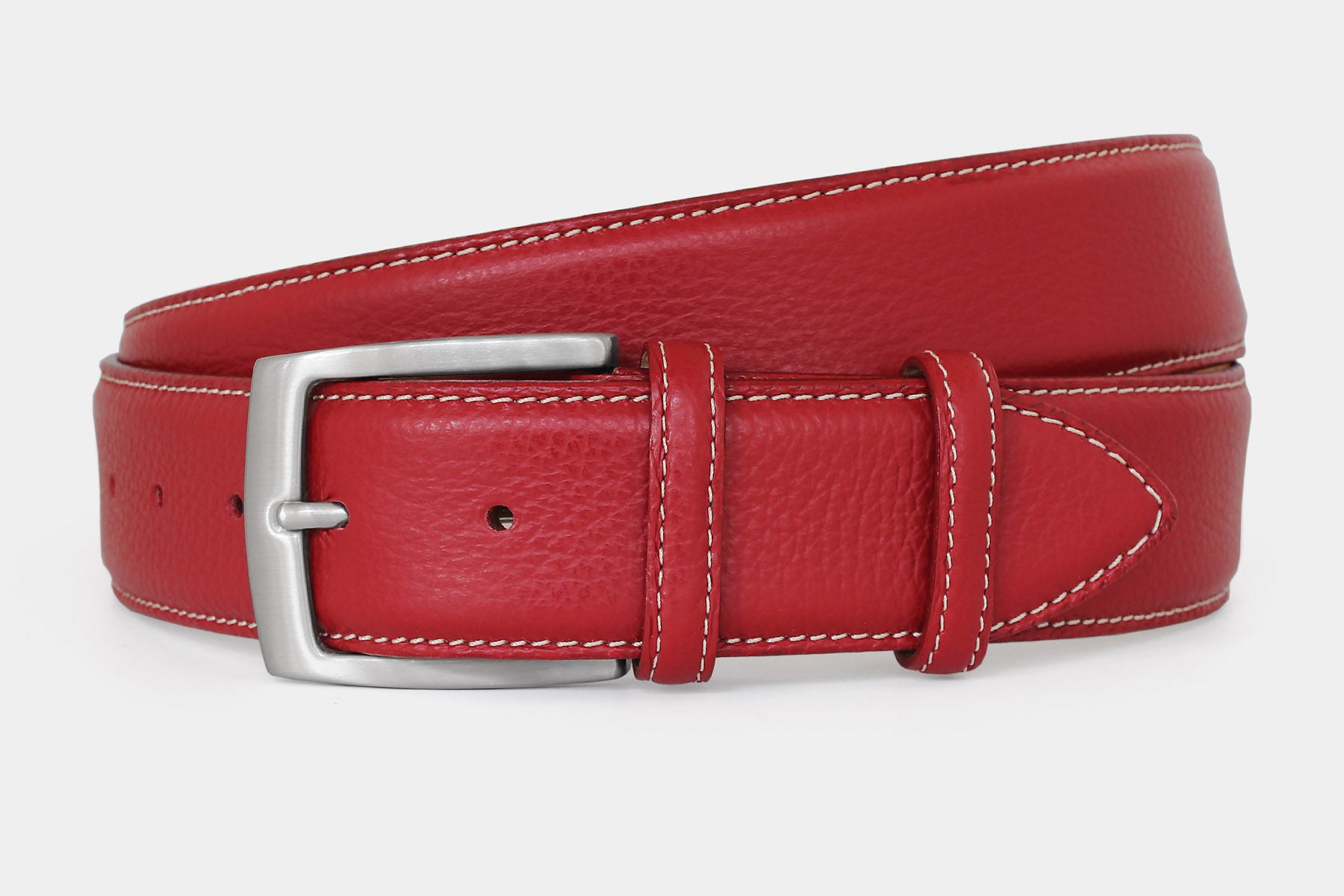 Men's red grained leather belt, 40mm wide, handmade in Italy with silver buckle, angled product view