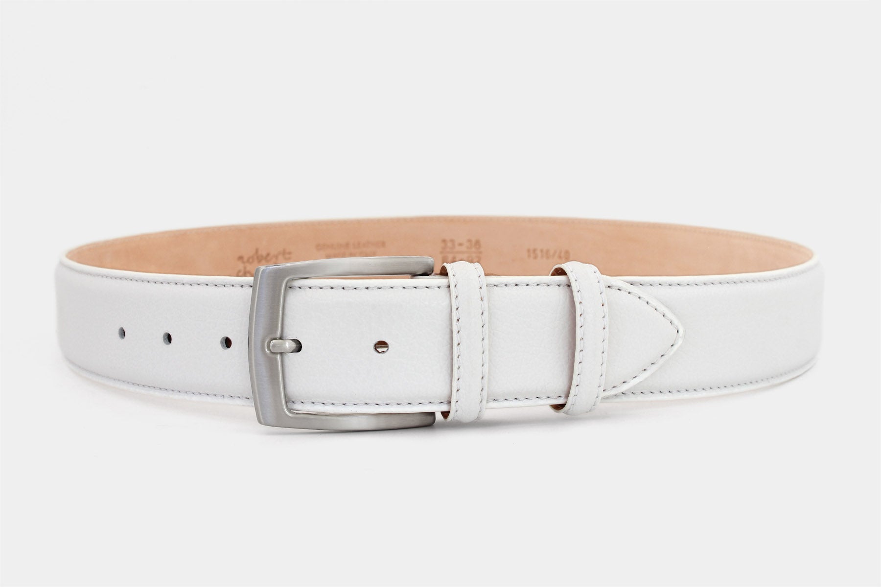 Men's white grained leather belt, 40mm wide, handmade in Italy with silver buckle.