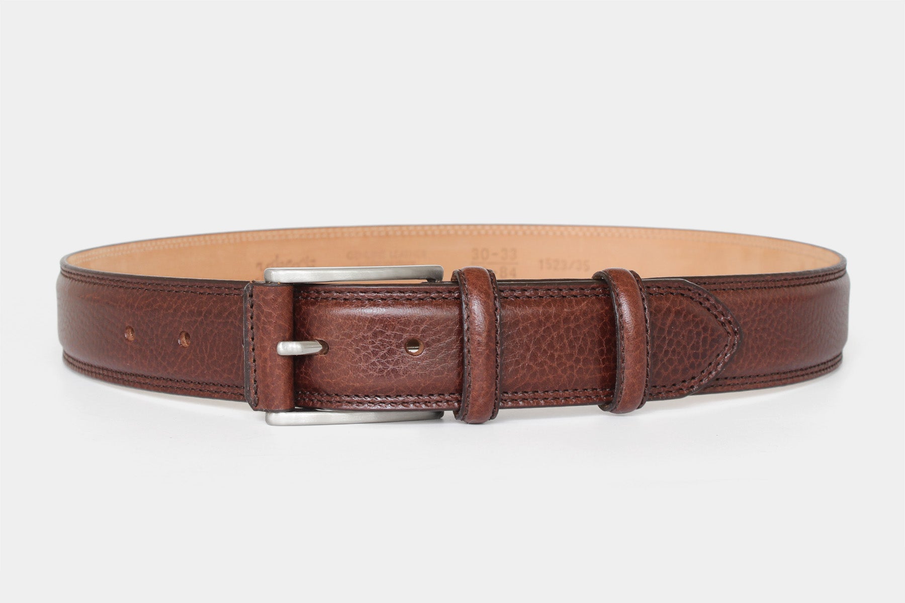 Men’s brown grained Italian leather belt detail with double stitching and solid brass buckle with leather cover.
