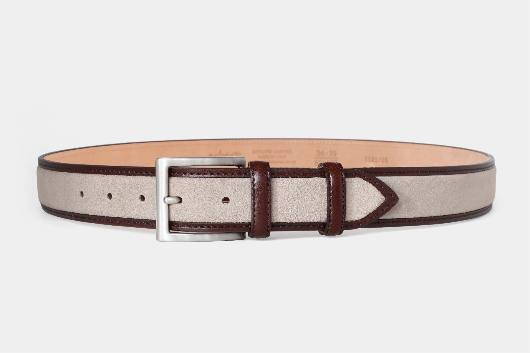 Men’s beige suede Italian leather belt with smooth brown contrast leather edging and a silver brass buckle.